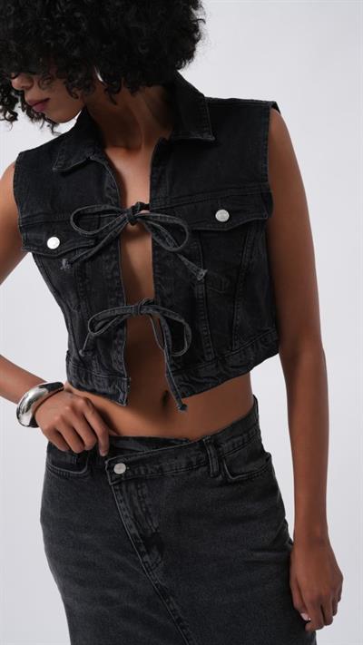 Bağlama Detay Denim Yelek