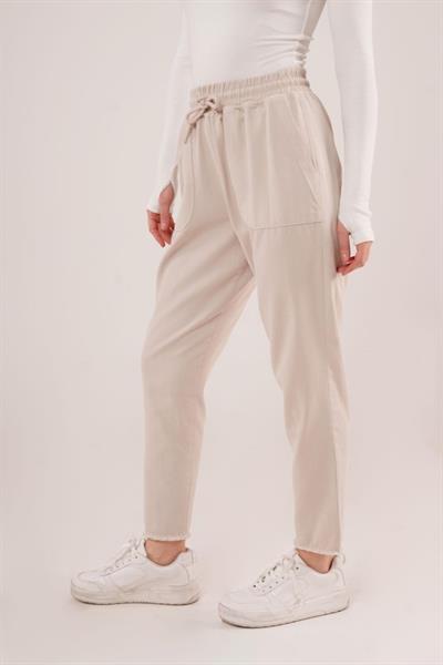 Bağlama Detaylı Cepli Krem Pantolon