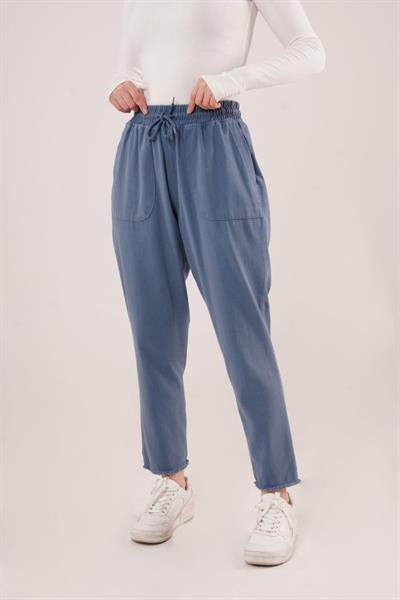 Bağlama Detaylı Cepli Mavi Pantolon