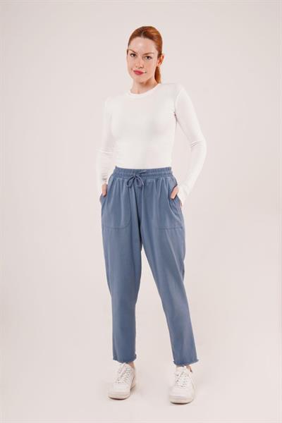 Bağlama Detaylı Cepli Mavi Pantolon