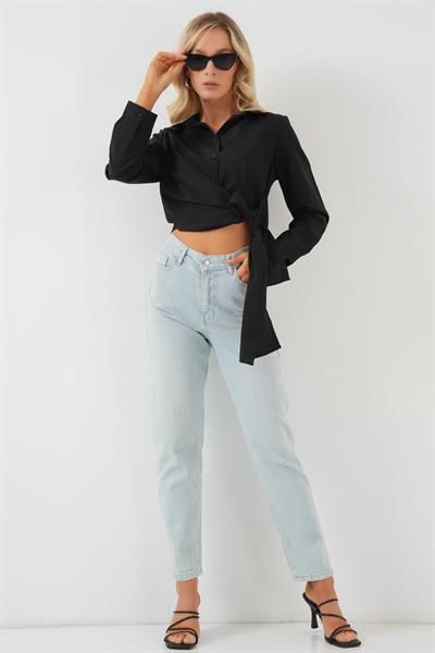 Bağlamalı Uzun Kol Gömlek 20325 - Siyah