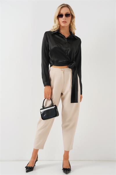 Bağlamalı Uzun Kol Saten Gömlek 20287 - Siyah