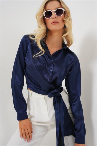Bağlamalı Uzun Kol Saten Gömlek 20287 - Lacivert