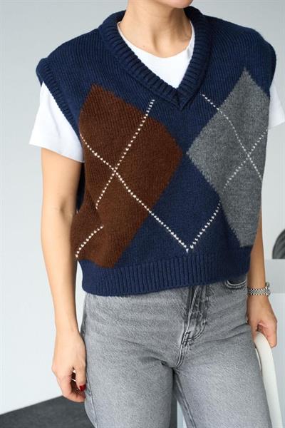 Baklava Desen Süveter - Lacivert-Acı Kahve