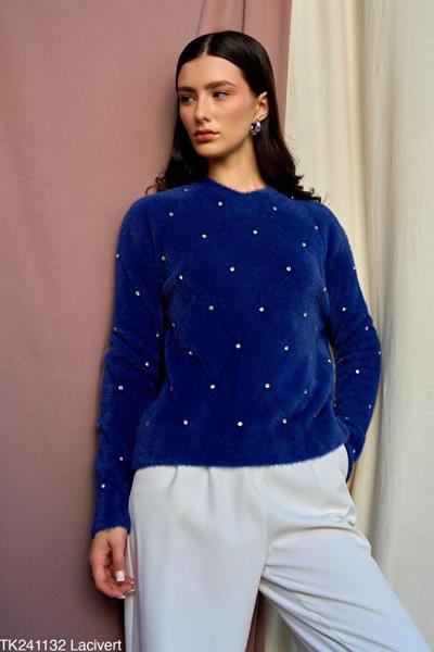 Baklava Desen Taşlı Kazak - Lacivert