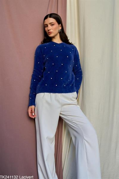 Baklava Desen Taşlı Kazak - Lacivert