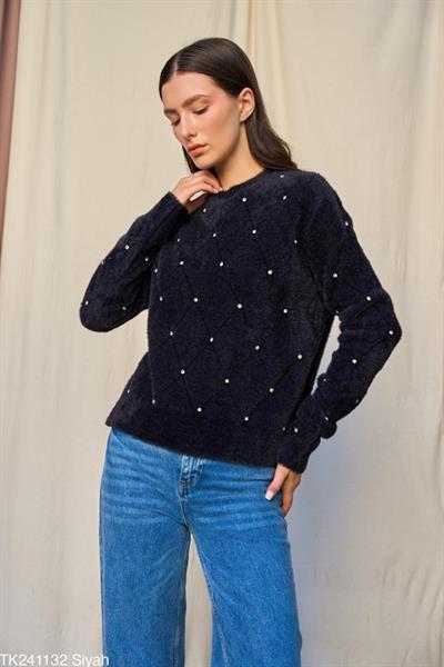 Baklava Desen Taşlı Kazak - Siyah