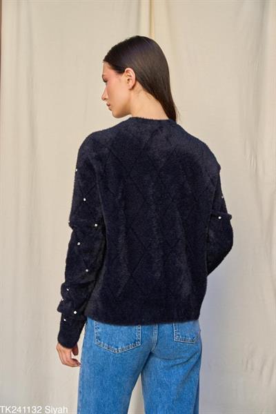 Baklava Desen Taşlı Kazak - Siyah