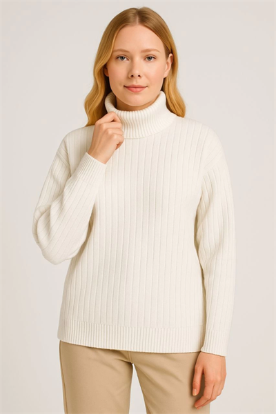 Balıkcı Yaka Bağazlı Triko Kazak Pamuklu Kalın Fitilli Dokuma - Beyaz