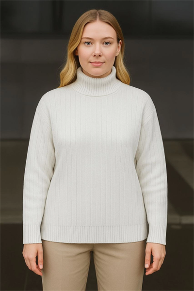 Balıkcı Yaka Bağazlı Triko Kazak Pamuklu Kalın Fitilli Dokuma - Beyaz