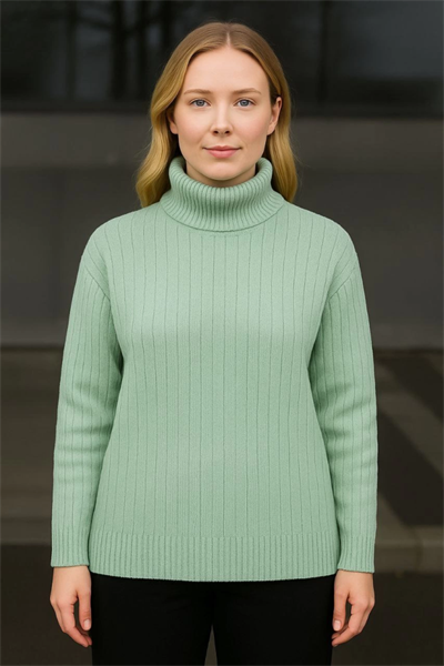Balıkcı Yaka Bağazlı Triko Kazak Pamuklu Kalın Fitilli Dokuma - Mint Yeşili