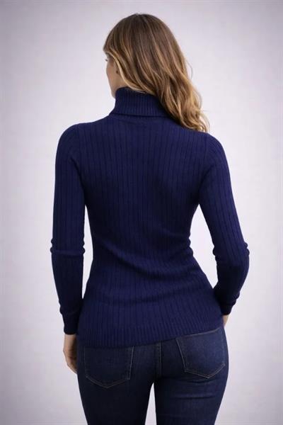 Balıkcı Yaka Bağazlı Triko Kazak Pamuklu Kalın Fitilli Dokuma - Lacivert