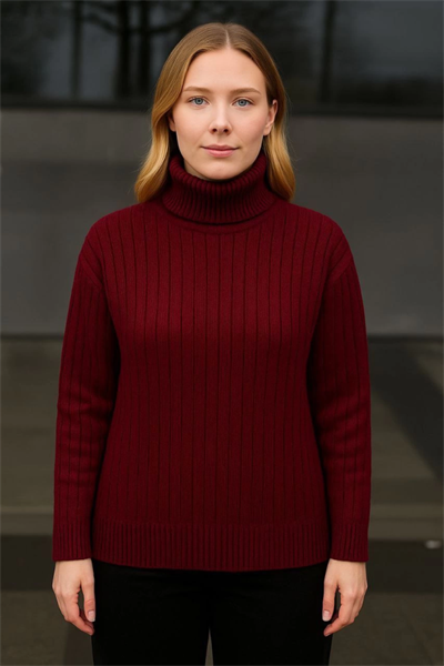 Balıkcı Yaka Bağazlı Triko Kazak Pamuklu Kalın Fitilli Dokuma - Bordo