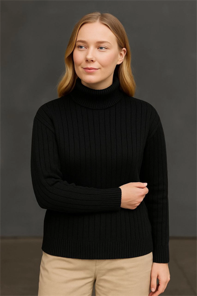 Balıkcı Yaka Bağazlı Triko Kazak Pamuklu Kalın Fitilli Dokuma - Siyah