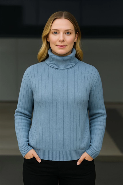 Balıkcı Yaka Bağazlı Triko Kazak Pamuklu Kalın Fitilli Dokuma - Bebek Mavisi