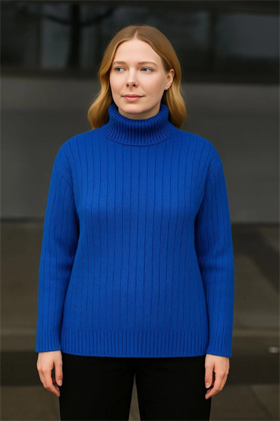 Balıkcı Yaka Bağazlı Triko Kazak Pamuklu Kalın Fitilli Dokuma - Saks Mavisi