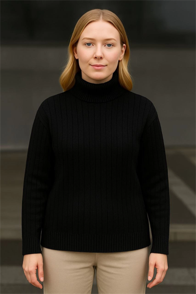 Balıkcı Yaka Bağazlı Triko Kazak Pamuklu Kalın Fitilli Dokuma - Siyah