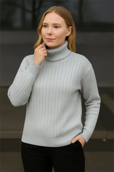 Balıkcı Yaka Bağazlı Triko Kazak Pamuklu Kalın Fitilli Dokuma - Gri