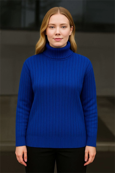 Balıkcı Yaka Bağazlı Triko Kazak Pamuklu Kalın Fitilli Dokuma - Saks Mavisi