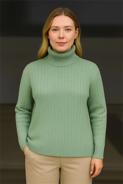 Balıkcı Yaka Bağazlı Triko Kazak Pamuklu Kalın Fitilli Dokuma - Mint Yeşili