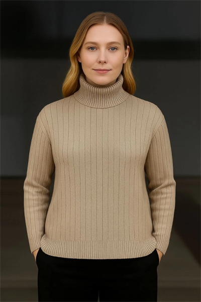 Balıkcı Yaka Bağazlı Triko Kazak Pamuklu Kalın Fitilli Dokuma - Bej