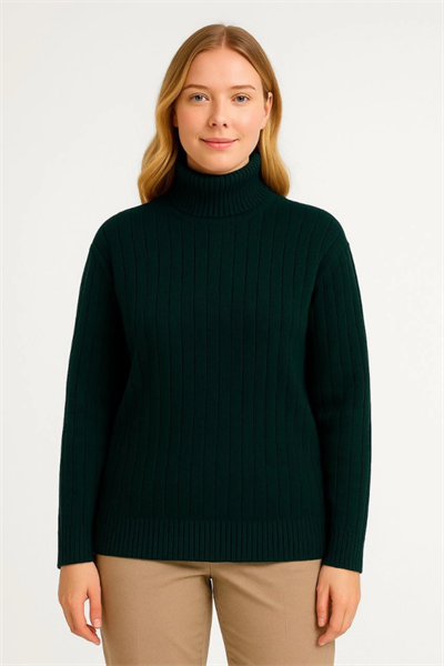 Balıkcı Yaka Bağazlı Triko Kazak Pamuklu Kalın Fitilli Dokuma - Haki