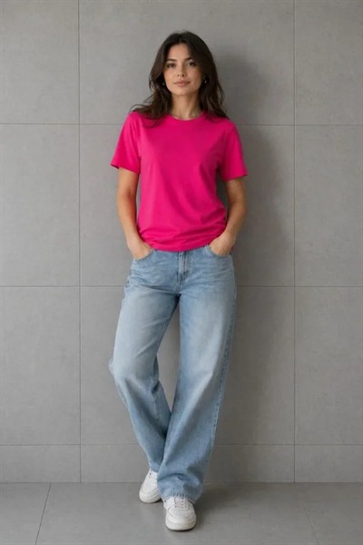 Basic Pamuklu Tişört Bisiklet Yaka Düz Renk Relaxed Fit T-Shirt - Fuşya