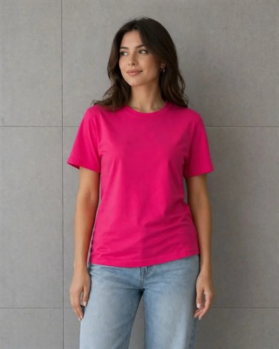 Basic Pamuklu Tişört Bisiklet Yaka Düz Renk Relaxed Fit T-Shirt - Fuşya