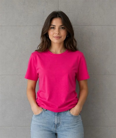 Basic Pamuklu Tişört Bisiklet Yaka Düz Renk Relaxed Fit T-Shirt - Fuşya