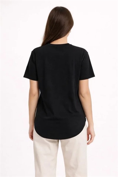 Basic T-Shirt Kısa Kol Bisiklet Yaka Oval Kesim Tişört - Siyah