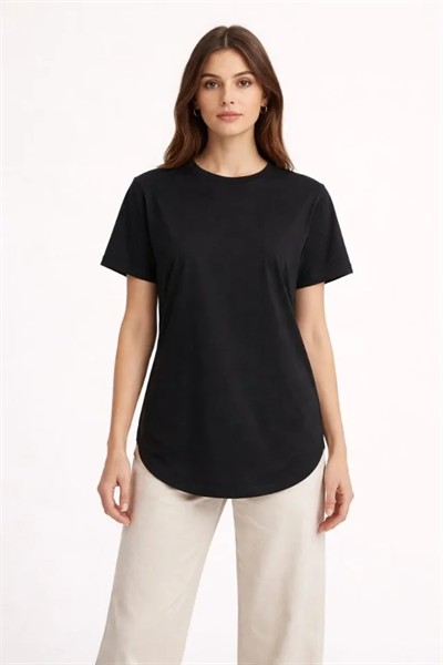 Basic T-Shirt Kısa Kol Bisiklet Yaka Oval Kesim Tişört - Siyah