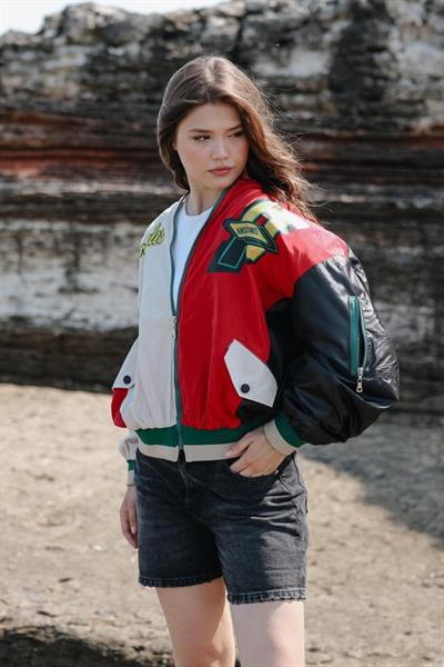 Baskılı Ceket - Siyah-Kırmızı-Bej