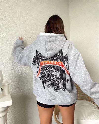 Baskılı Kapüşonlu Sweat - Gri