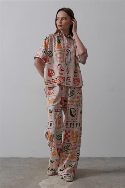 Baskılı Kısa Kol Pantolon Takım - Taş-Oranj