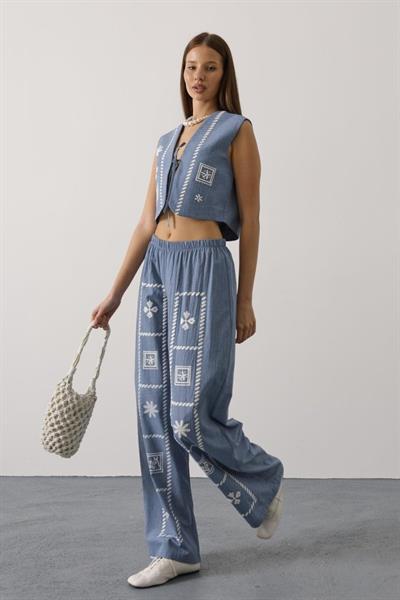 Baskılı Önü Bağlamalı Yelekli Takım - İndigo