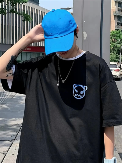 Baskılı Oversize Bisiklet Yaka T-shirt - Siyah