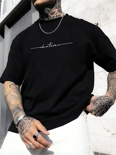 Baskılı Oversize Bisiklet Yaka T-shirt - Siyah