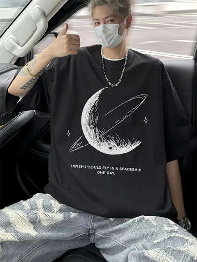 Baskılı Oversize Bisiklet Yaka T-shirt - Siyah