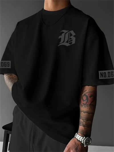 Baskılı Oversize Bisiklet Yaka T-shirt - Siyah