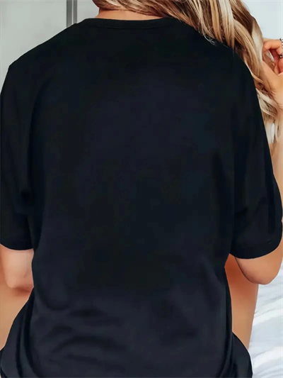 Baskılı Oversize Bisiklet Yaka T-shirt - Siyah