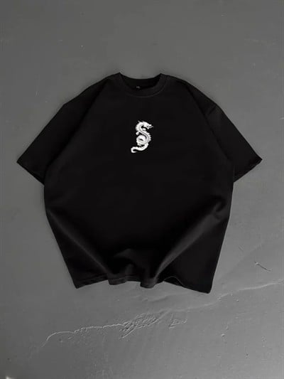 Baskılı Oversize Bisiklet Yaka T-shirt - Siyah