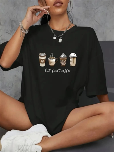 Baskılı Oversize Bisiklet Yaka T-shirt - Siyah