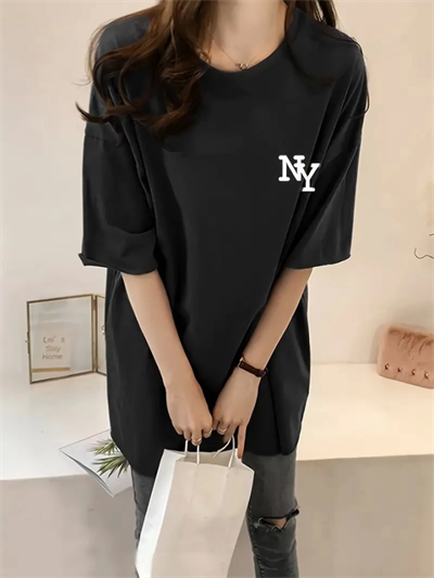 Baskılı Oversize Bisiklet Yaka T-shirt - Siyah