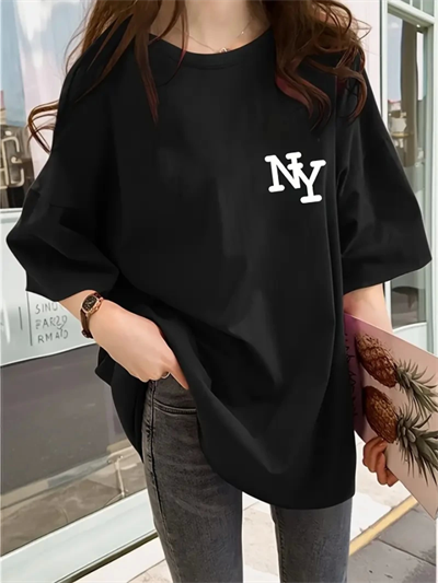 Baskılı Oversize Bisiklet Yaka T-shirt - Siyah