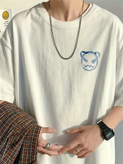 Baskılı Oversize Bisiklet Yaka T-shirt - Beyaz