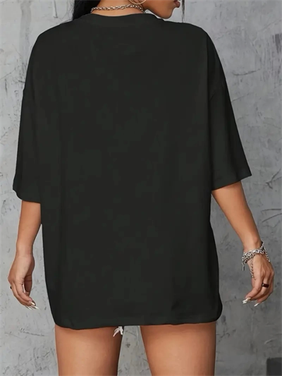 Baskılı Oversize Bisiklet Yaka T-shirt - Siyah