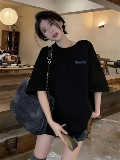 Baskılı Oversize Bisiklet Yaka T-shirt - Siyah