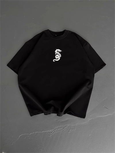 Baskılı Oversize Bisiklet Yaka T-shirt - Siyah