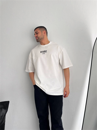 Baskılı Oversize Bisiklet Yaka T-shirt - Beyaz