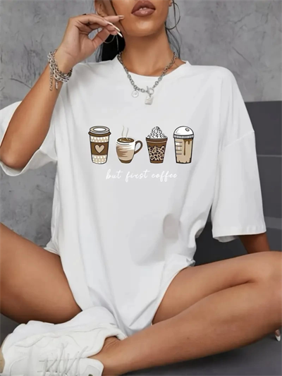 Baskılı Oversize Bisiklet Yaka T-shirt - Beyaz